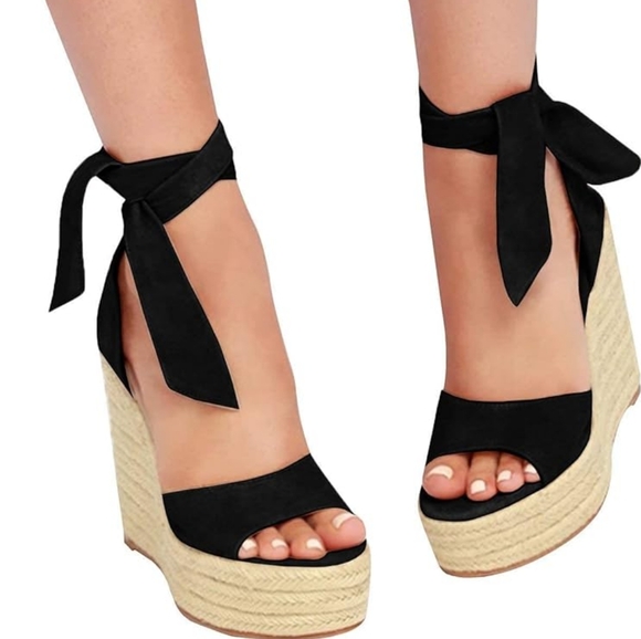 Womens size 7 Espadrilles Platform Wedge Heels Sandals w/Ankle Ties - Picture 5 of 6